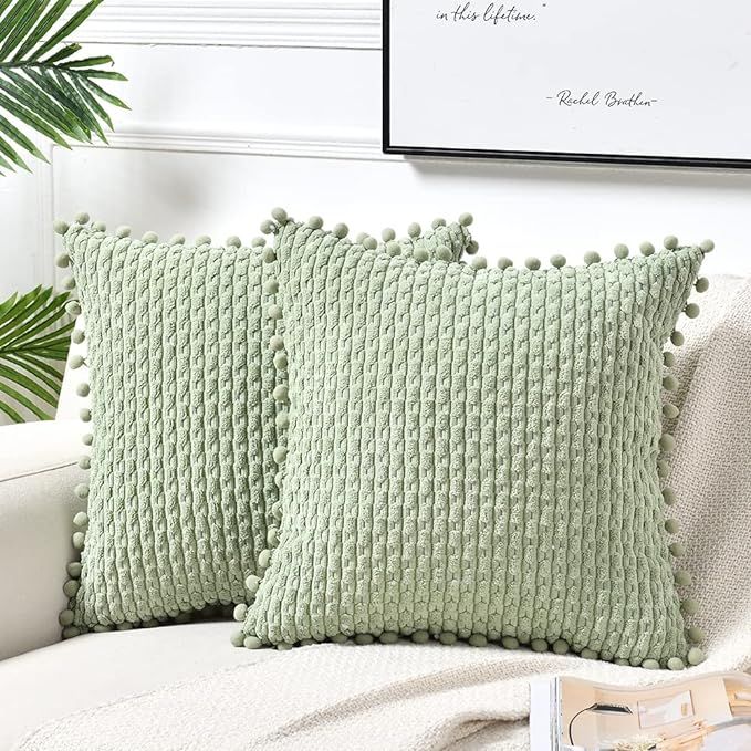 Fancy Homi Set of 2 Sage Green Decorative Throw Pillow Covers 18x18 Inch with Pom-poms for Couch ... | Amazon (US)