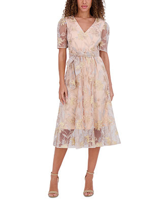 kensie Women's Embroidered Mesh Tie-Waist Midi Dress - Macy's | Macy's