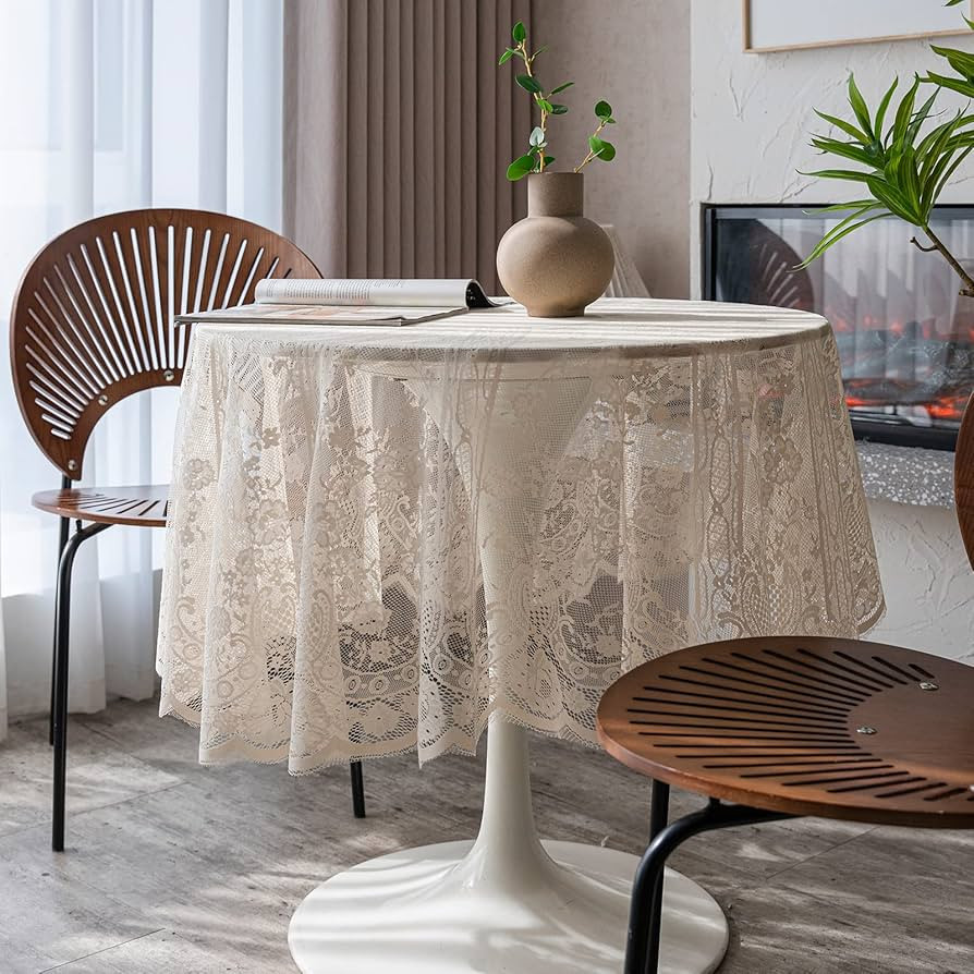 Beige Lace Tablecloth Embroidered Elegant Floral Patterns Table Cloth Round Overlay Table Cover f... | Amazon (US)