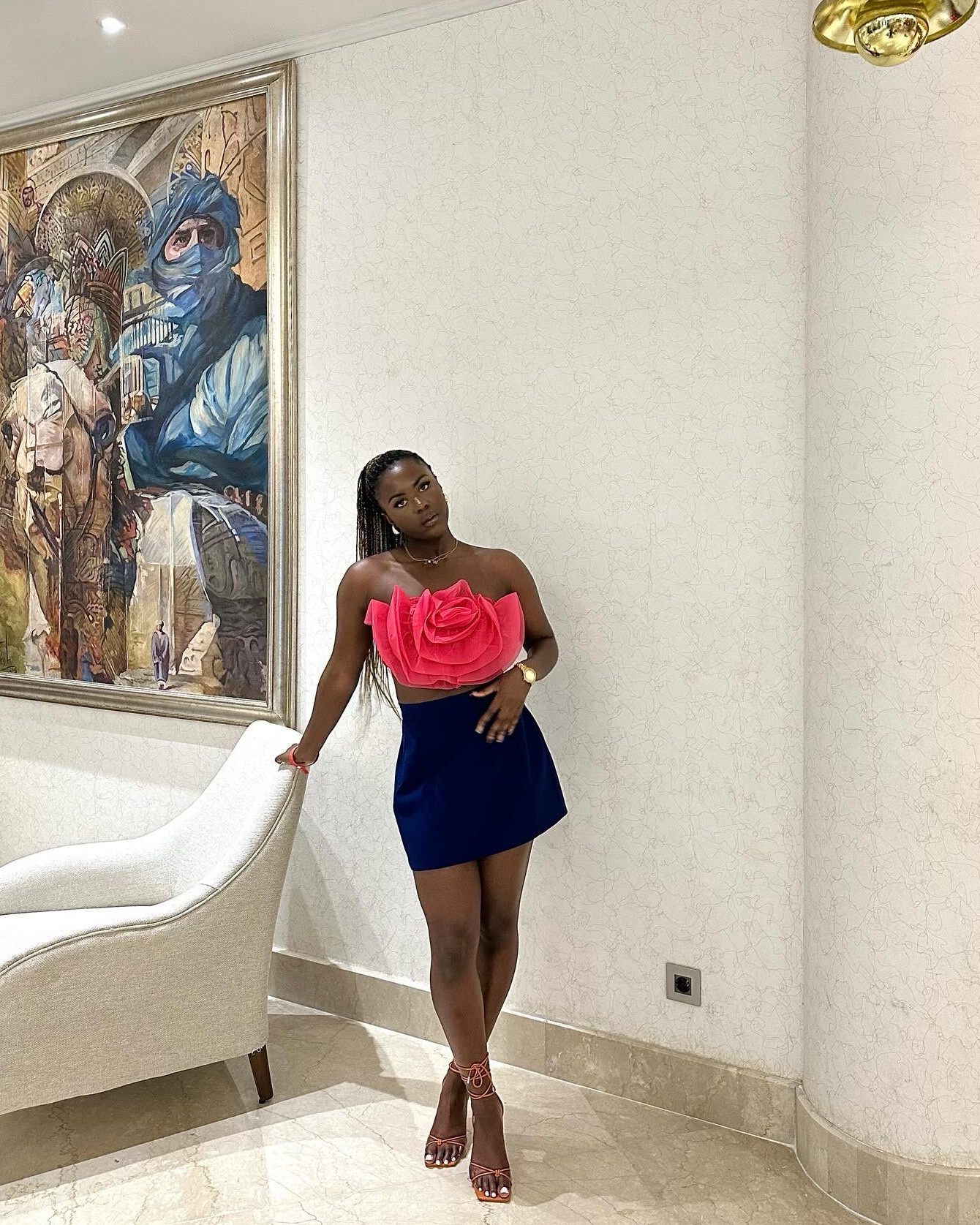Colour Blocking: Pink floral top with navy blue mini skirt and orange strappy heels in Egypt  #fashionstyling #colourblock #pink #blackwomenfashion 

#LTKstyletip #LTKparties #LTKeurope