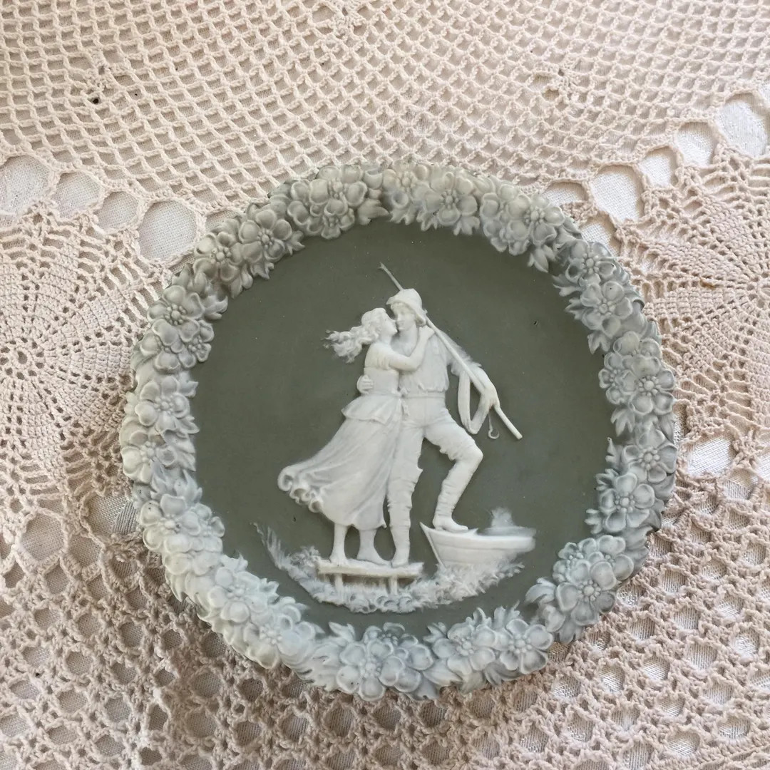 Vintage 1970s Jasperware Sage Green & White Wall Plate With Romantic Couple and Flowers Around th... | Etsy (US)