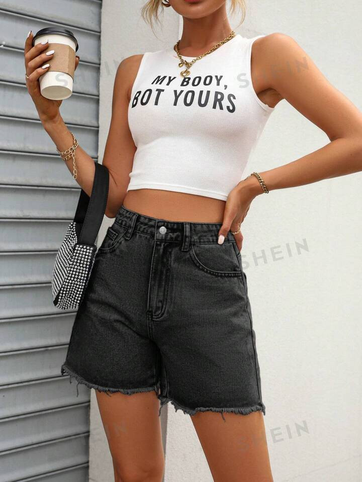 Women Casual Loose Fit Denim Shorts With Pockets And Frayed Hem | SHEIN USA | SHEIN