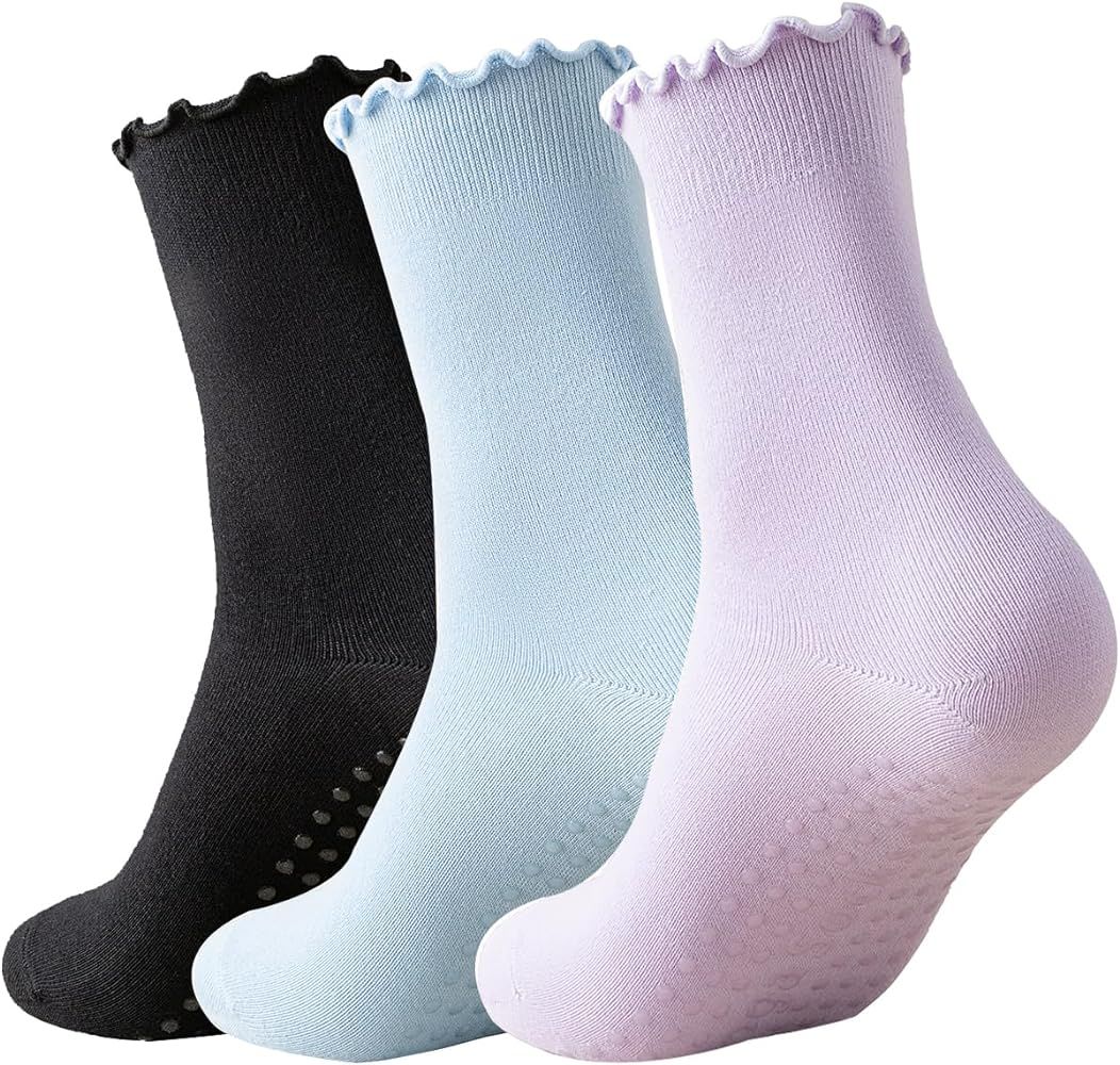Ceoon 3 Pairs Pilates Socks with Grips Non-slip Ruffle Yoga Socks Grip Socks for Women | Amazon (US)
