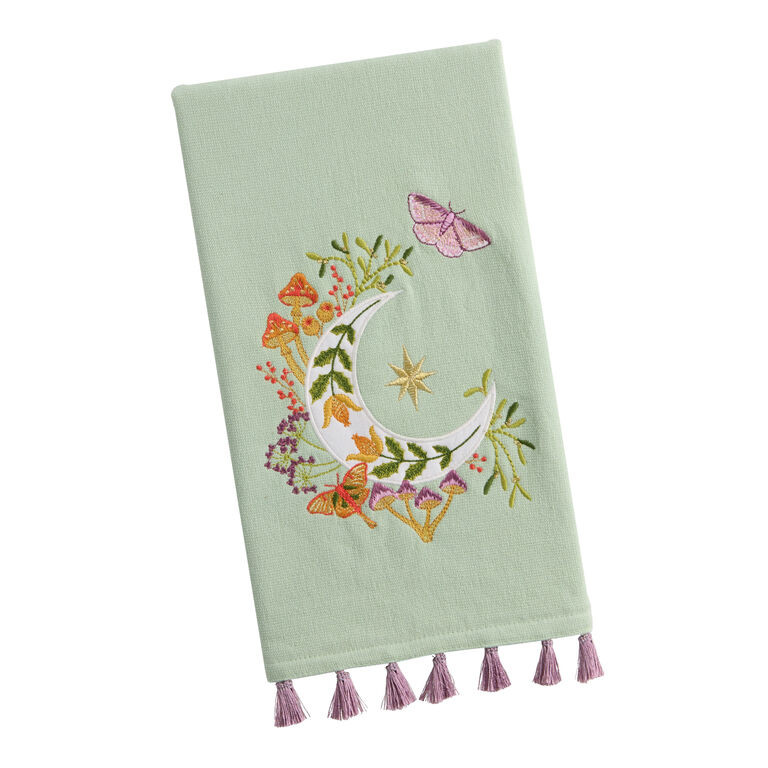 Sage Green Crescent Moon Embroidered Hand Towel | World Market