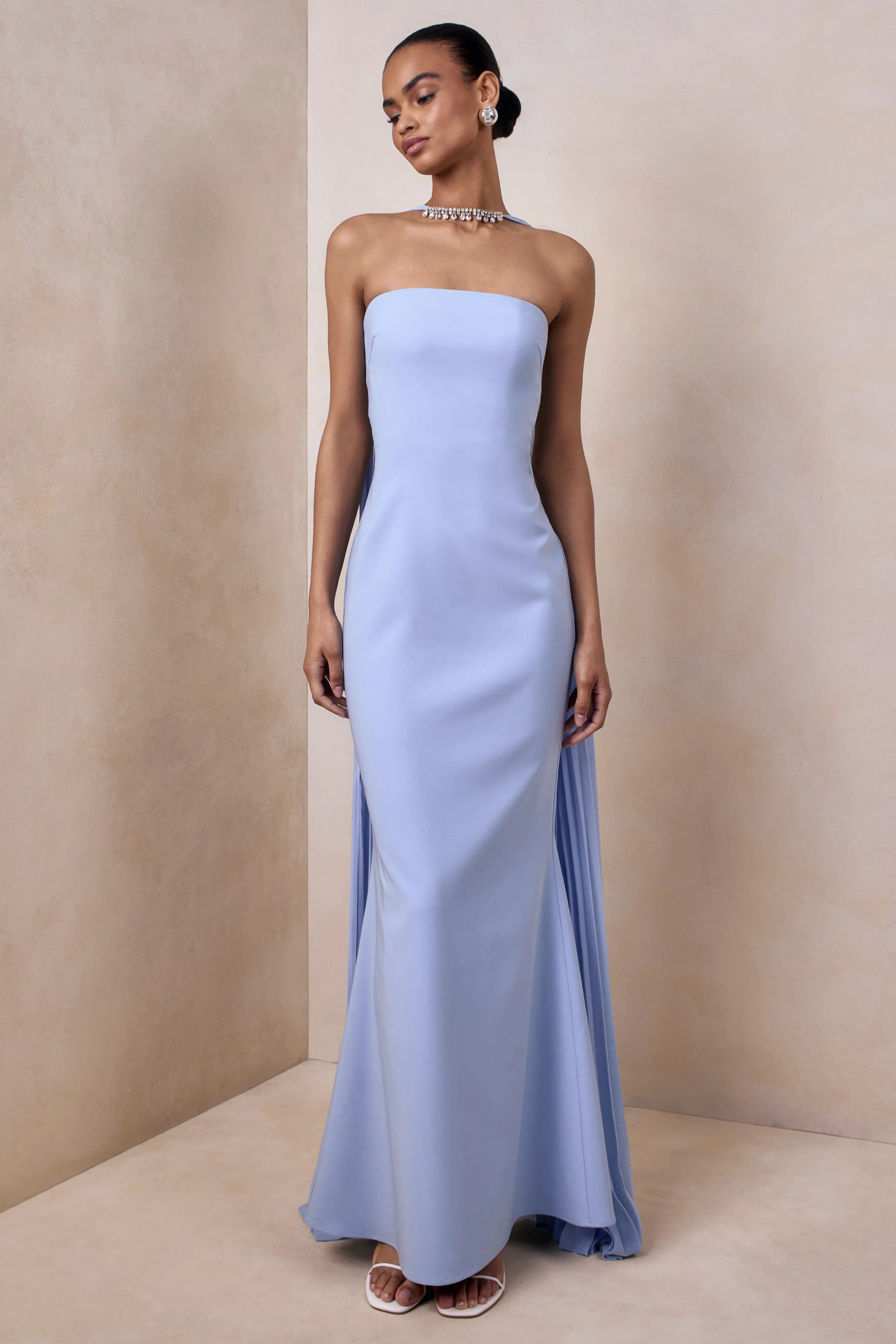 Avery | Powder Blue Bandeau Maxi Dress With Embellished Scarf | Club L London
