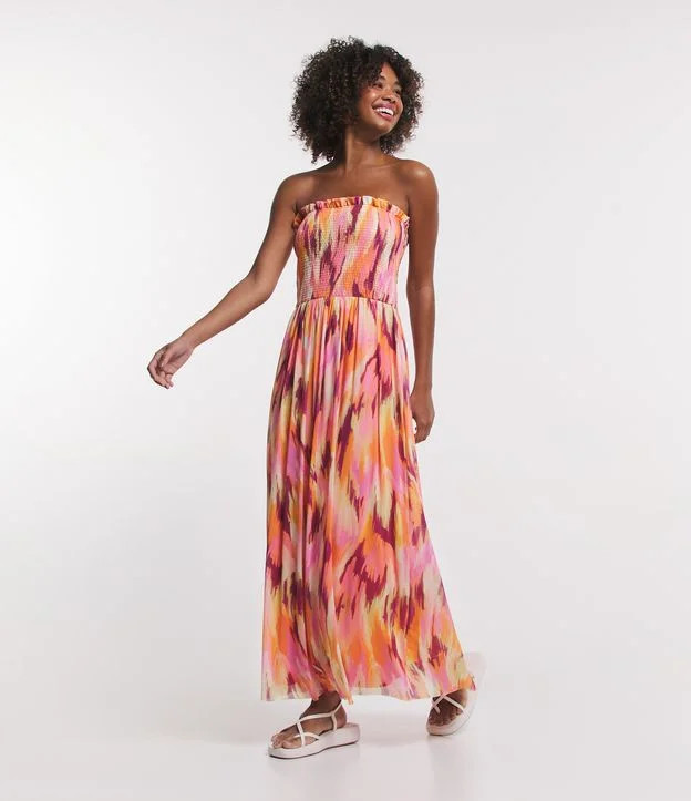 Vestido New Midi Tomara que Caia com Corpo em Lastex e Estampa Abstrata Laranja | Renner (BR)