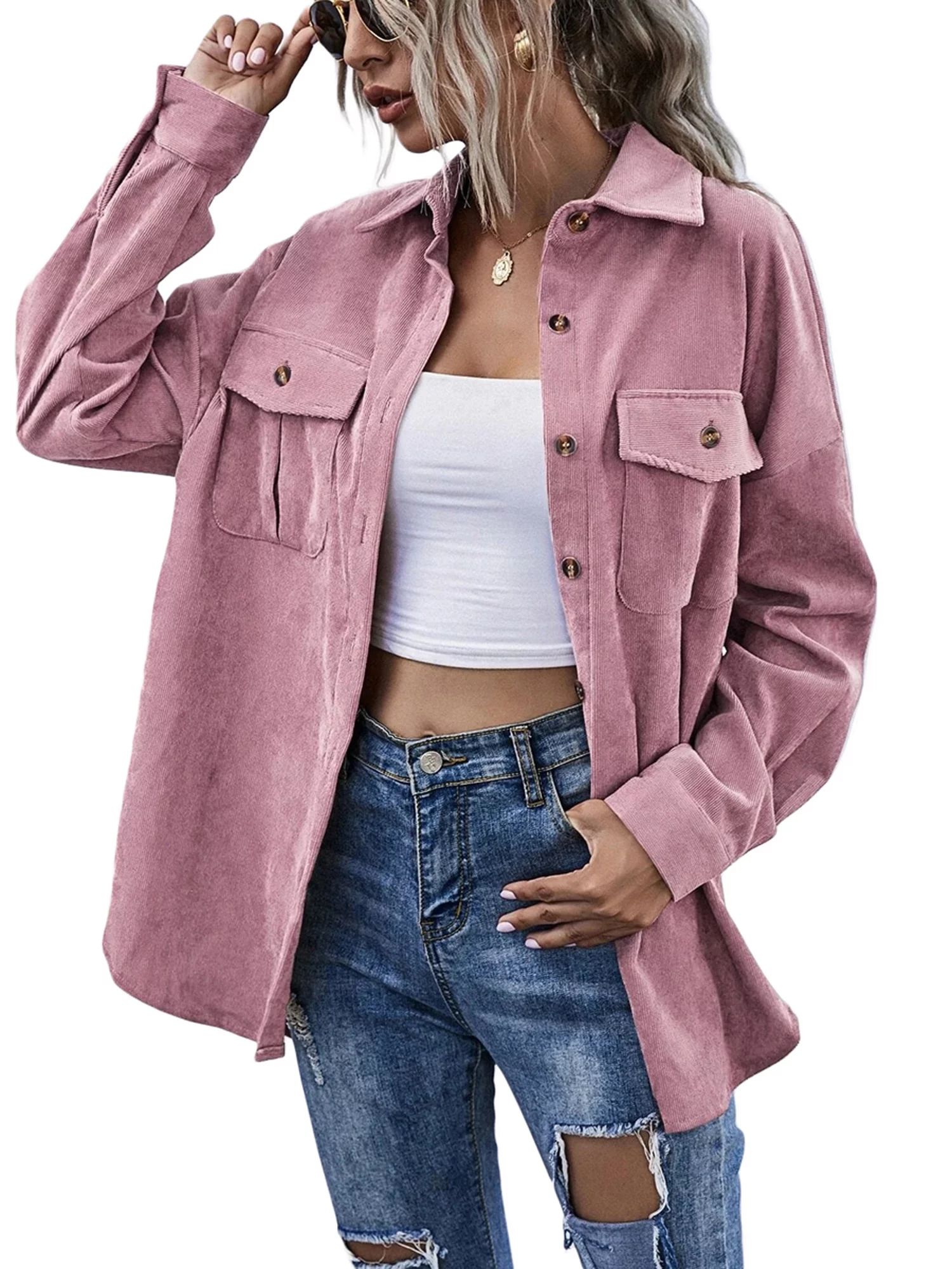 Kiapeise Women Oversized Corduroy Shirt Shacket Jacket Long Sleeve Casual Fall Outwear with Pocke... | Walmart (US)