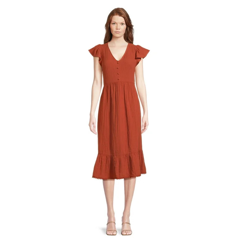 Time and Tru Women's Flutter Sleeve Midi Dress, Sizes XS-XXXL | Walmart (US)