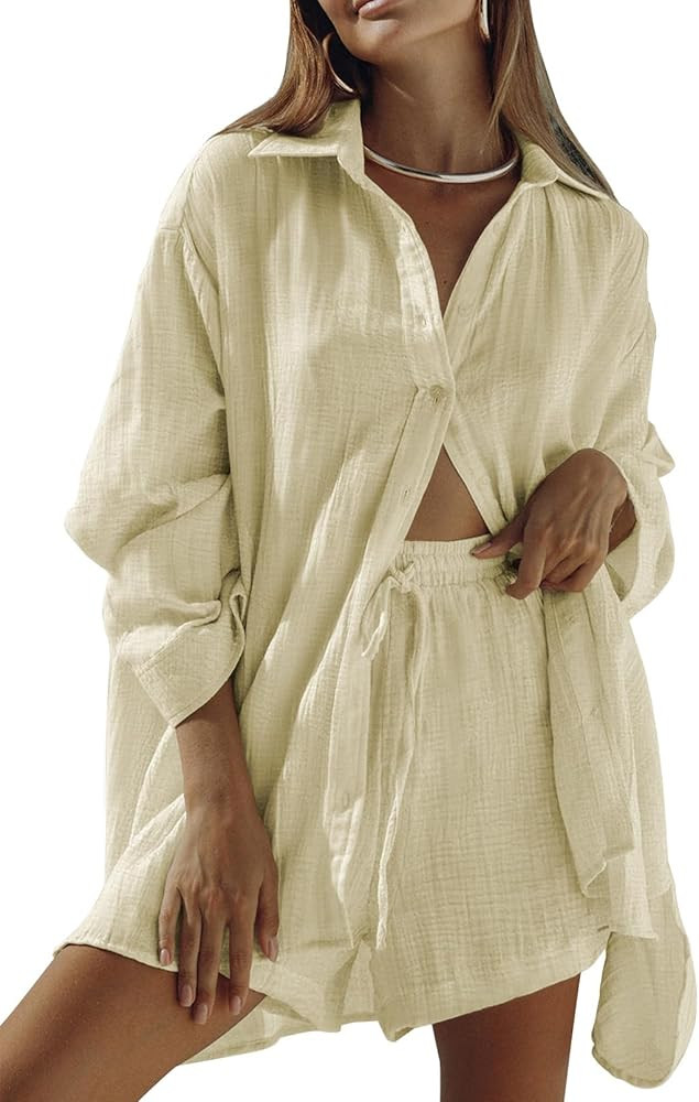 Fixmatti Women 2 Piece Outfits Long Sleeve Button Down Blouse and Shorts Sweatsuit Sets | Amazon (US)