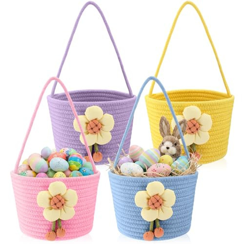 Yungyan 4 Pack Easter Basket with Handle Small Empty Bunny Basket Bags, Soft & Reusable Woven Cotton Rope Design for Boys, Girls Easter Egg Hunt Gifts Party Supplies Decorations | Amazon (US)