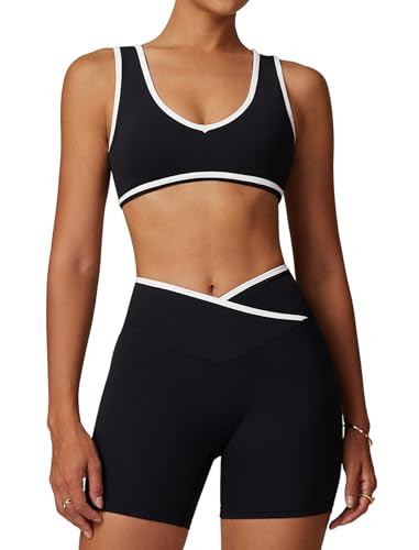 QBGJTD Two Piece Workout Sets for Women V Neck Color Block Crop Tank Sports Bra Matching High Waist Booty Lifting Biker Shorts 2 Piece Gym Yoga Active Wear Outfits Womens Athletic Work Out Black S | Amazon (US)