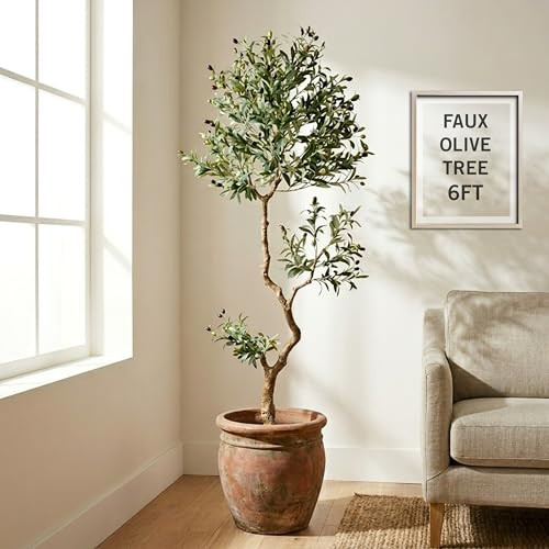 LEAF & LOFT 6 foot faux olive tree in a white pot