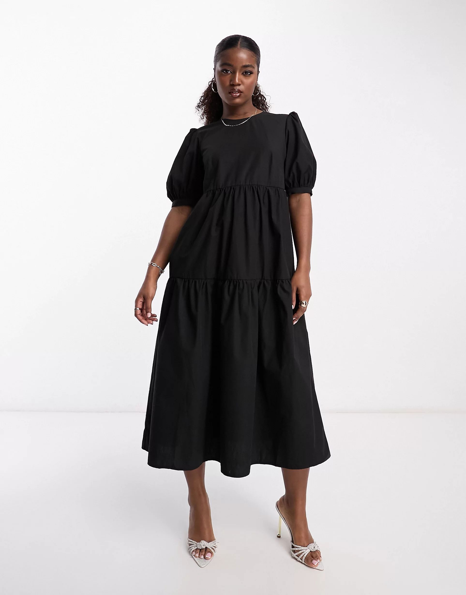 Nobody's Child Rochelle puff sleeve smock midi dress in black | ASOS (Global)