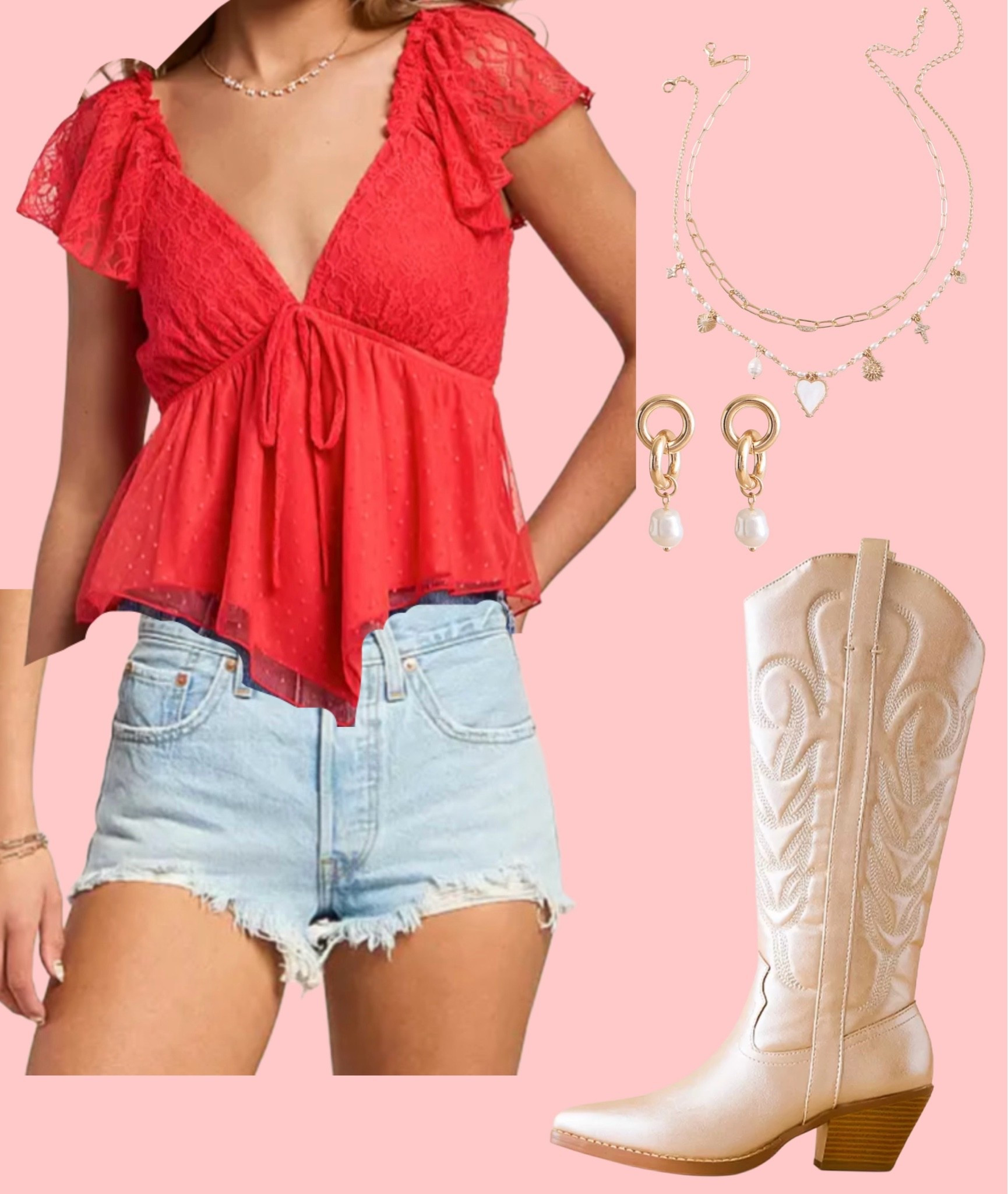 Metallic pearl white western boots to match the pearl jewelry! Pop of red top with micro denim shorts. Such a cute summer country concert outfit

#LTKootd #LTKSeasonal