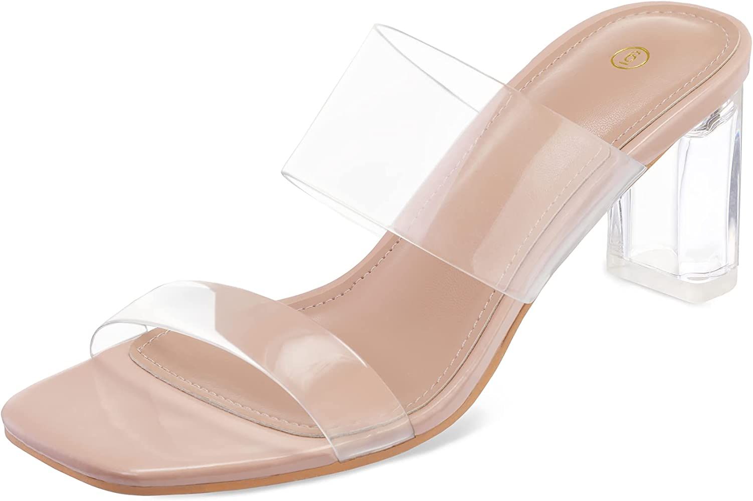 mysoft Clear Heels for Women Transparent Two Strap Block Chunky Square Heel Sandals | Amazon (US)