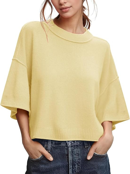 ZDC Women's Oversized Sweaters Summer 3/4 Sleeve Casual Cropped Tops Lightweight Loose Fit Knit P... | Amazon (US)