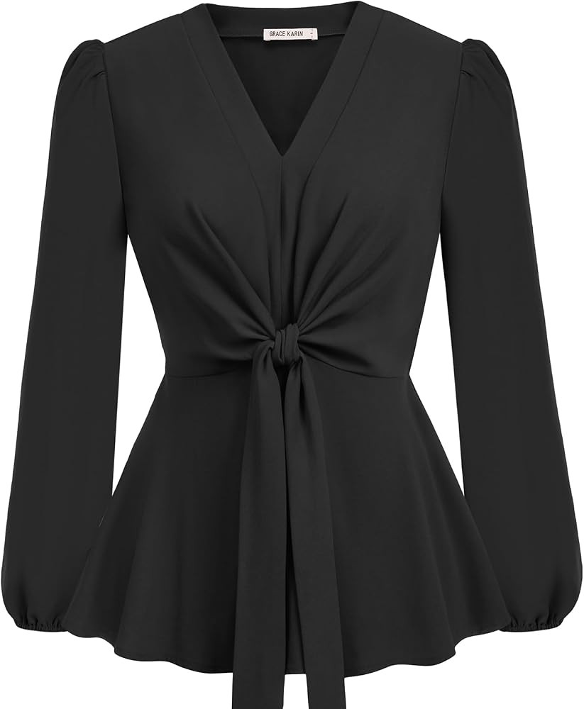 GRACE KARIN 2023 Women's Elegant Peplum Tops V Neck Tie Front Short Bell Sleeve Shirts Tops Blous... | Amazon (US)