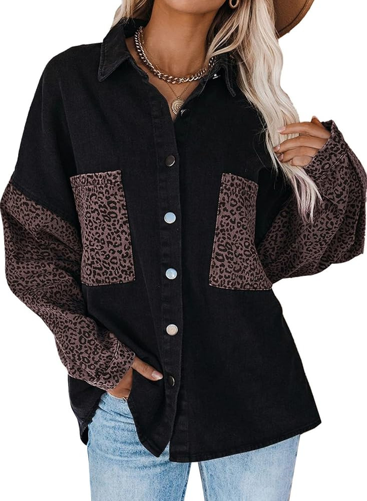 Dokotoo Womens Contrast Leopard Denim Jacket Long Sleeve Button Down Shirts Boyfriend Oversized B... | Amazon (US)