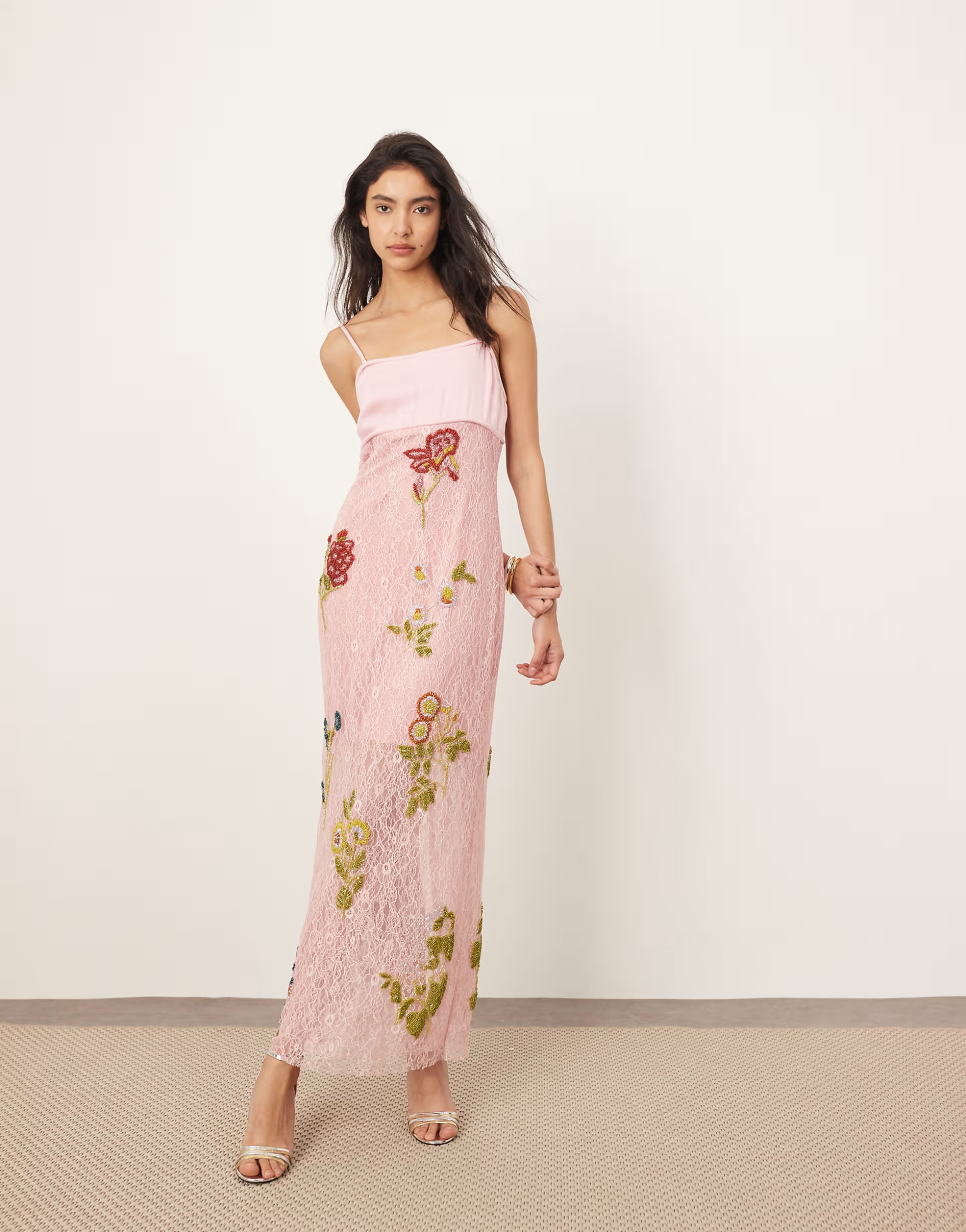 ARRANGE botanical embellished contrast bodice column maxi dress in pink | ASOS (Global)