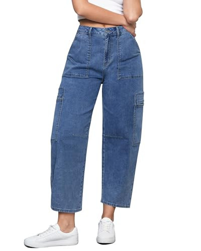 GRAPENT Womens Oversized Balloon Y2K Cargos Dark Wash High Waisted Jeans 26 Inseam Womens Barrel Leg Jeans Reef Blue Size 4 to 6 | Amazon (US)
