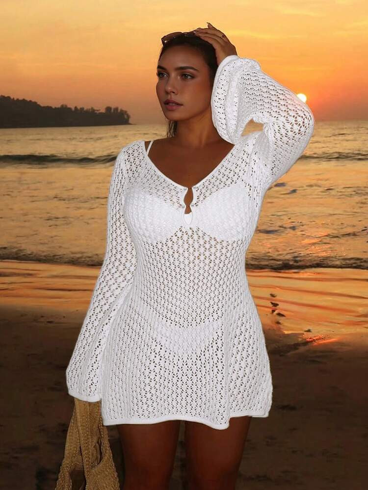 Women's Plus Size Long Sleeve Hollow Crochet Cover Up, Elegant Bohemian Beach Resort Style, Pearl... | SHEIN