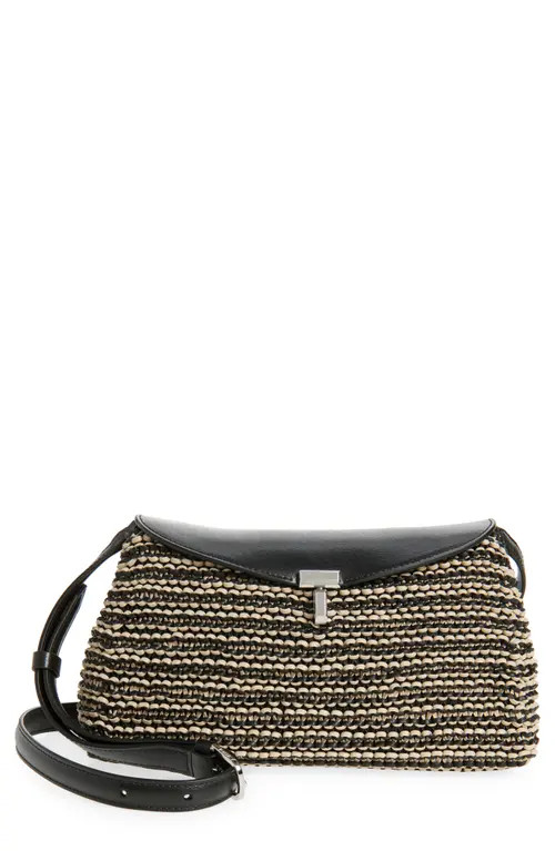 TOTEME T-Lock Top Handle Woven Leather Clutch in Black/Sand at Nordstrom | Nordstrom