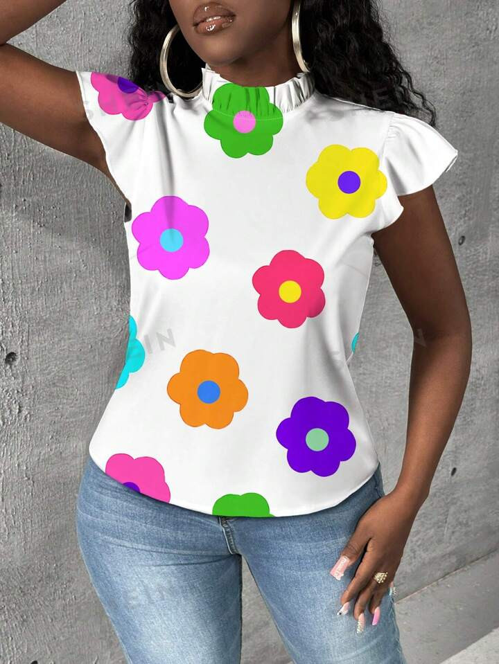 SHEIN Slayr Women's Fashionable Colorful Flower Printed Batwing Sleeve Blouse | SHEIN