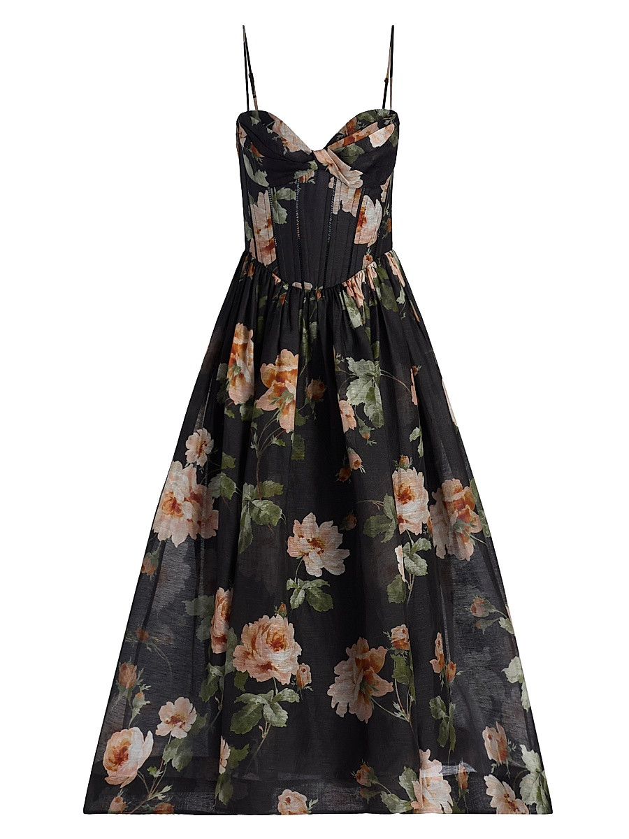 Women's Luna Floral Linen-Silk Midi-Dress - Black Rose - Size 0 | Saks Fifth Avenue