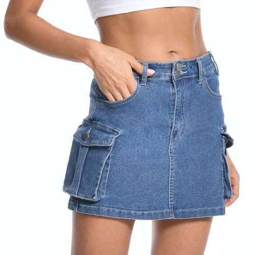 Women's Mini Jean Skirt, Low Rise Blue Denim Skirt Cargo Skirt Button Bodycon Y2K Jean Cargo Skirt with Pockets for Women | Amazon (US)
