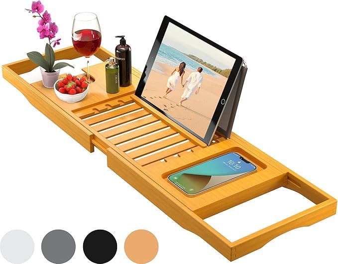 Bamboo Bathtub Tray Caddy - Adjustable Bath Tray, Bath Tub Tray Table, Bath Tray for Tub - Wooden... | Amazon (US)