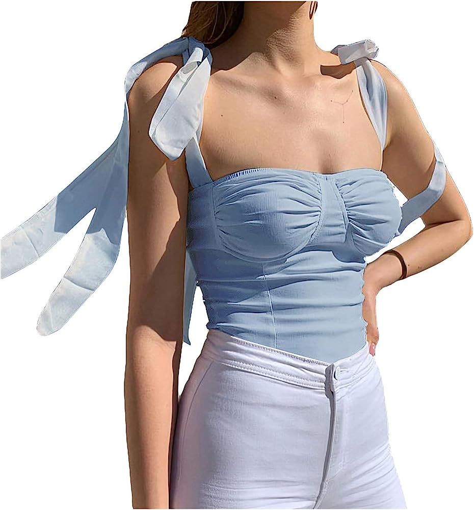 Velius Women's Sleeveless Camisole Tie Shoulder Mesh Strap Tank Crop Tops | Amazon (US)
