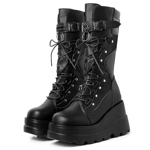 mikarka Goth Boots - Holographic Combat Platform Boots for Women Knee High | Amazon (US)