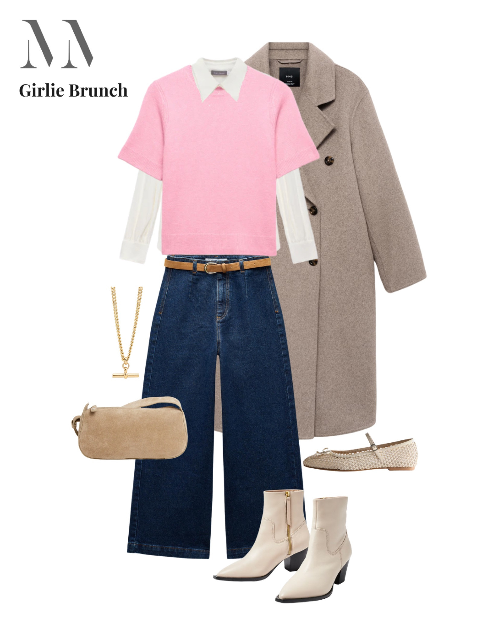 Playful and polished this girly brunch look combines soft pastels with wardrobe staples. The pink knit layered over a crisp white shirt gives it a preppy twist while the wide legged jeans keep it casual. Choose ankle boots for a more dressed up feel or woven flats for a laid-back vibe. Finish with a smart coat and suede cross body bag for the perfect weekend brunch look.

#LTKuk #LTKspring #LTKmidsize