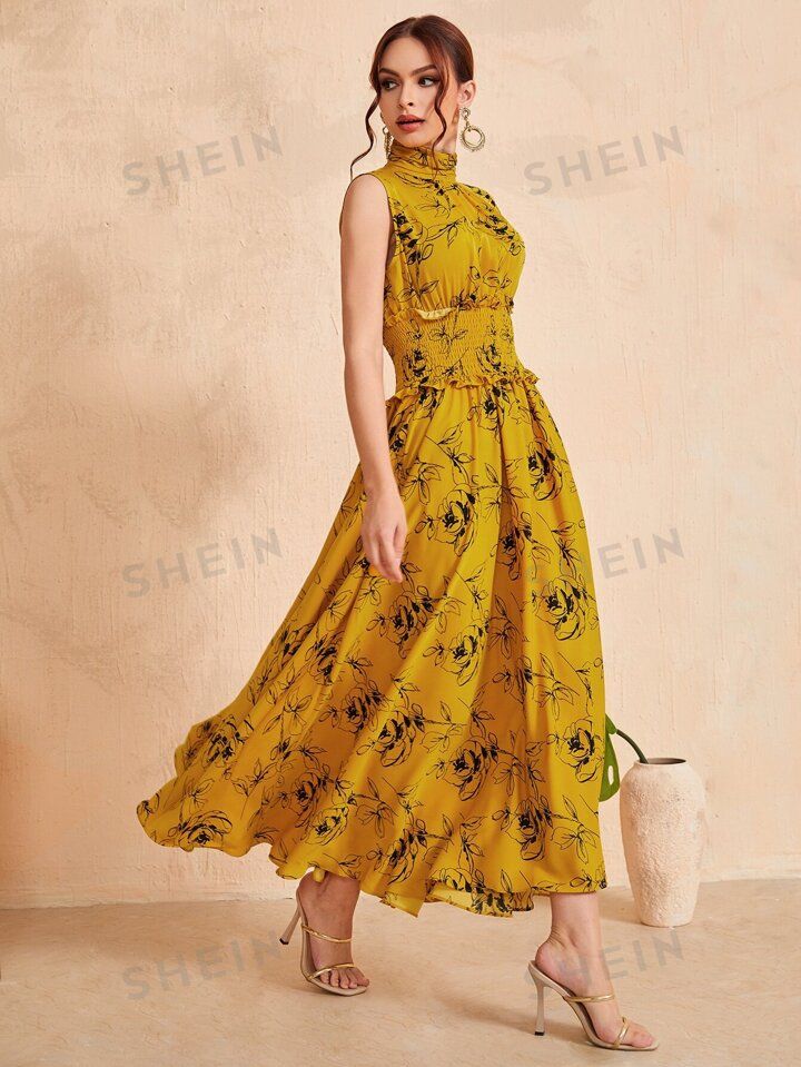 SHEIN Mulvari Ruched Neck Frill Trim Shirred Waist Floral Dress | SHEIN