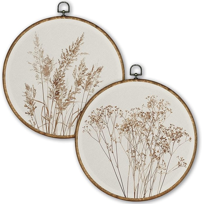 TLESKE Beige Rustic Fall Botanical Round Wall Art Decor Set of 2, Boho Autumn Wildflower Floral F... | Amazon (US)