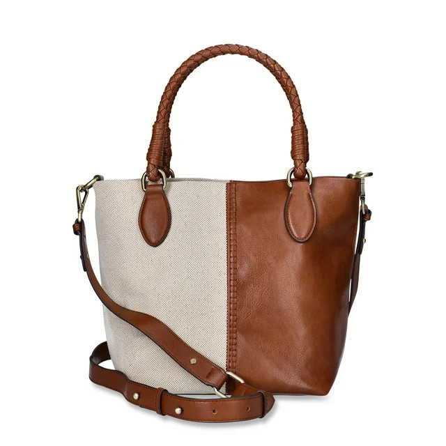 Time and Tru Women's Lovina Canvas and Faux Leather Tote Bag, Natural Cognac | Walmart (US)