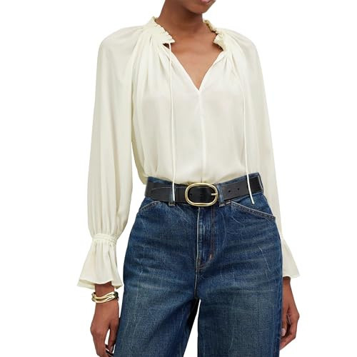 Womens Beige Dressy Casual Tie Neck Top Ruffled Neckline Long Sleeve Blouse Elegant Workwear Shirt | Amazon (US)