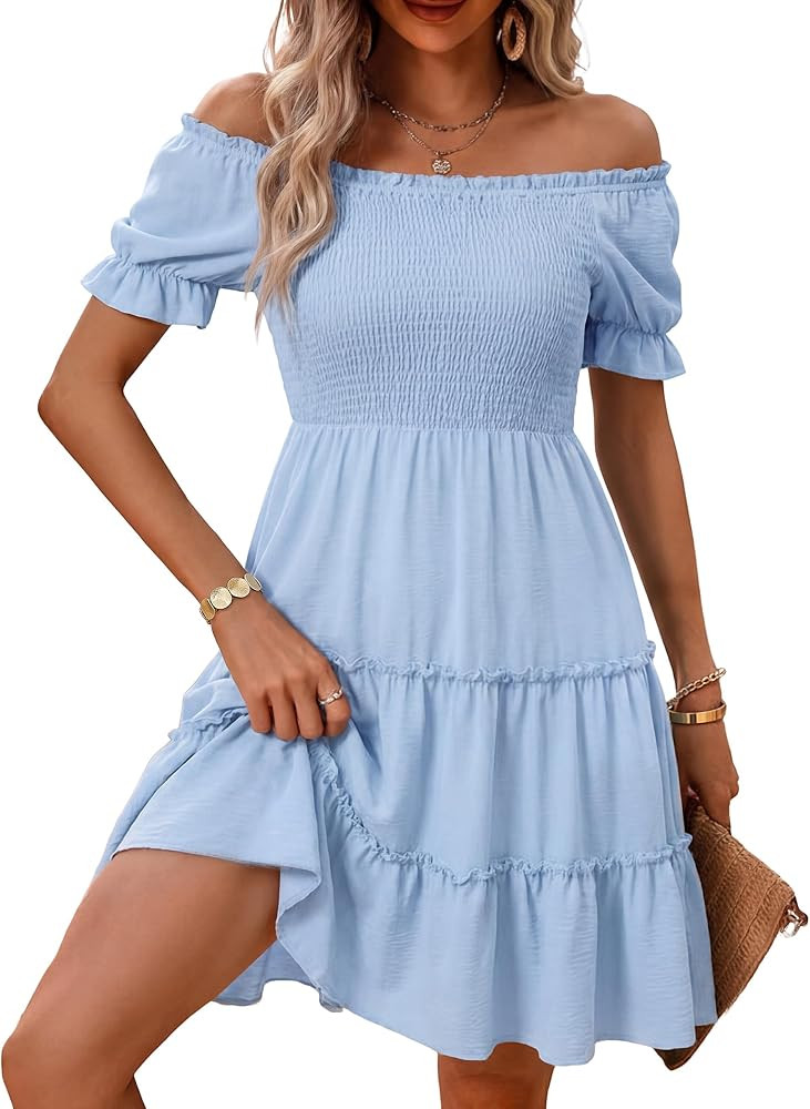 Women's Summer Off Shoulder Dress Square Neck Puff Sleeve Smocked Dresses Ruffle Hem Flowy Casual... | Amazon (US)