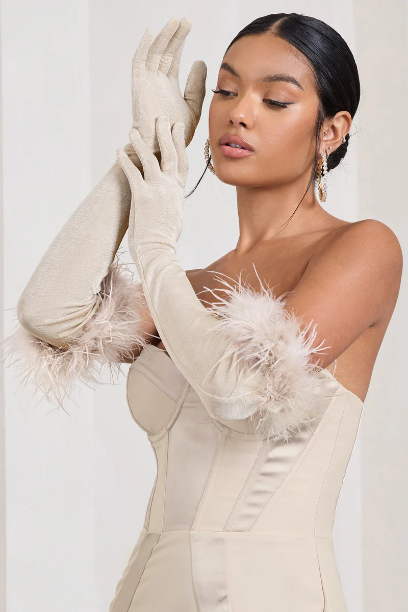 Spicy Signs  Champagne Long-Sleeved Feather Gloves | Club L London