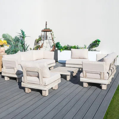 Choi 7-Person Outdoor Patio Aluminum Wood Grain Sectional Seating Group With Beige Cushions | Wayfair North America