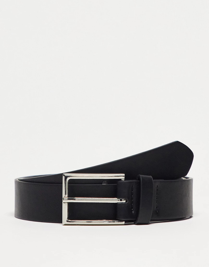ASOS DESIGN smart faux leather belt with silver buckle in black | ASOS (Global)