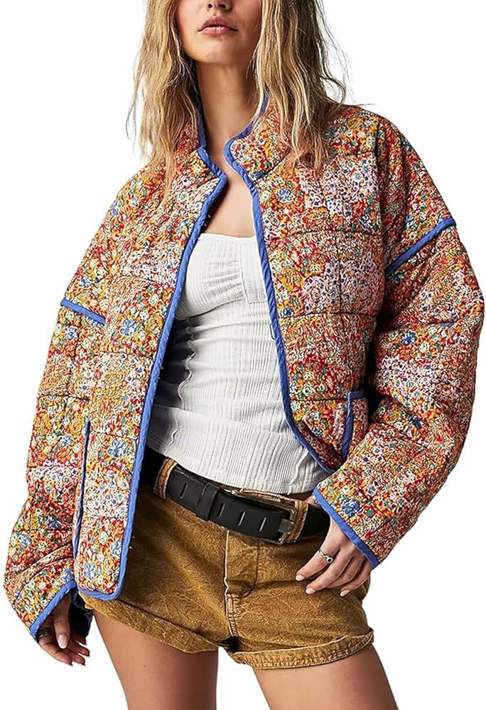Arssm Women Floral Quilted Puffer Jacket Cropped Lightweight Patchwork Vintage Padded Short Coat ... | Amazon (US)