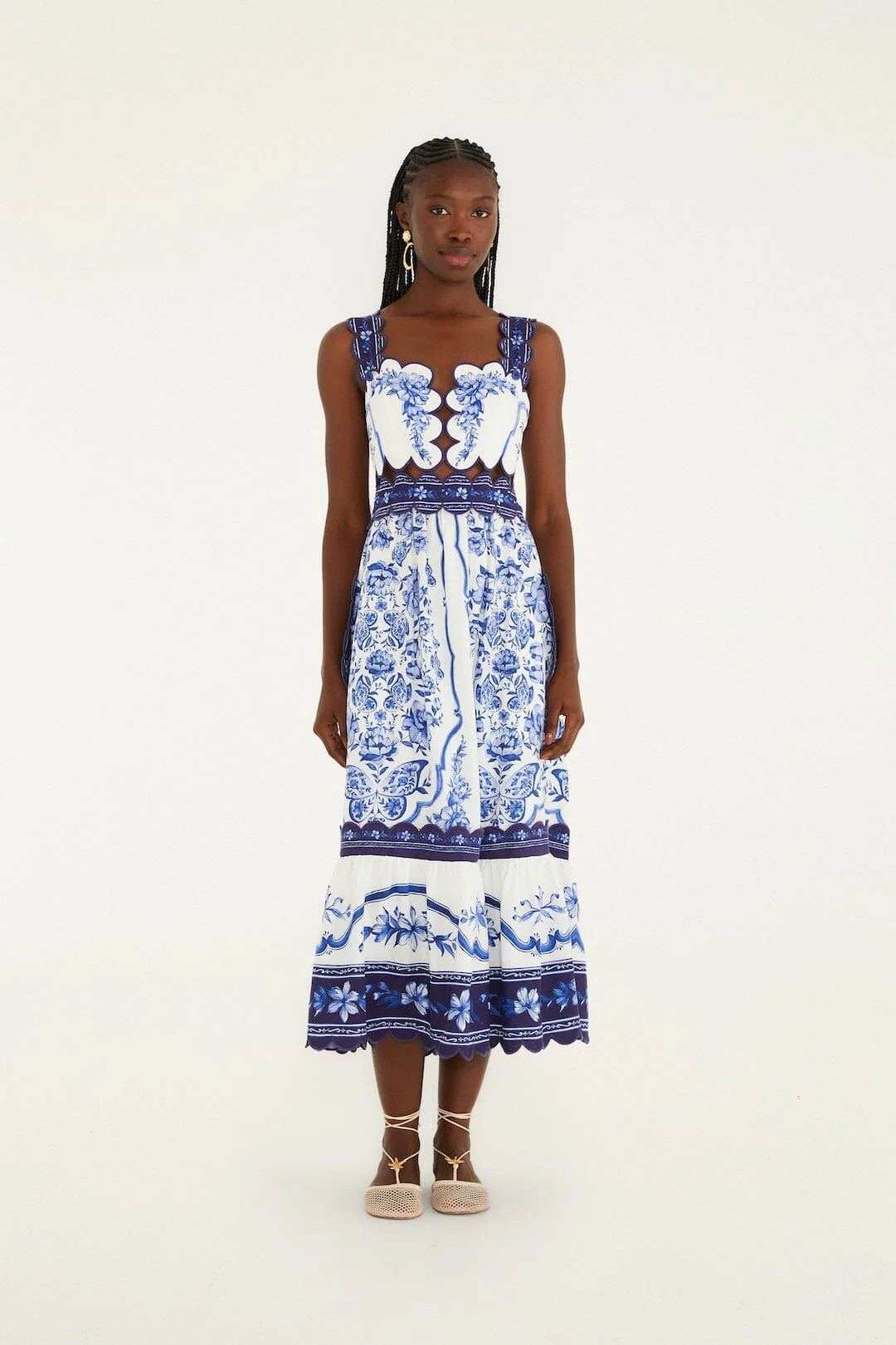 Off-White Porcelain Garden Cut-Out Lenzing Ecovero Euroflax Midi Dress | FARM Rio | Farm Rio UK