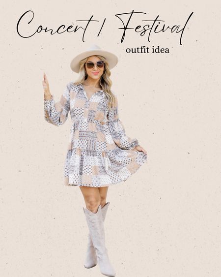 Outfit idea for a music festival or country concert. Patterned mini dress, aviator sunglasses, cowboy boots and hat. 

#LTKunder100 #LTKFind #LTKFestival