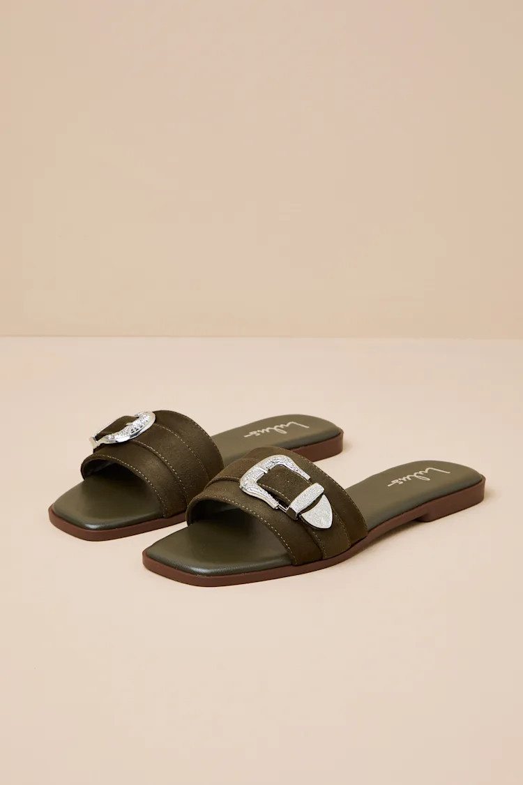 Nyomi Olive Suede Buckle Slide Sandals | Lulus