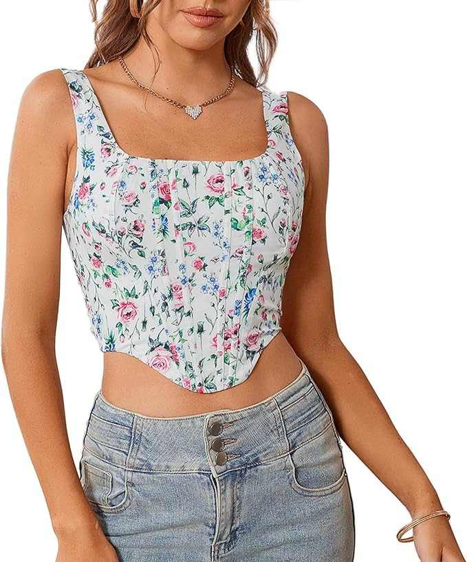 KUTUMAI Women's Summer Floral Corset Crop Top Strap Boned Bustier Cute Bodyshaper Trendy Going Ou... | Amazon (US)