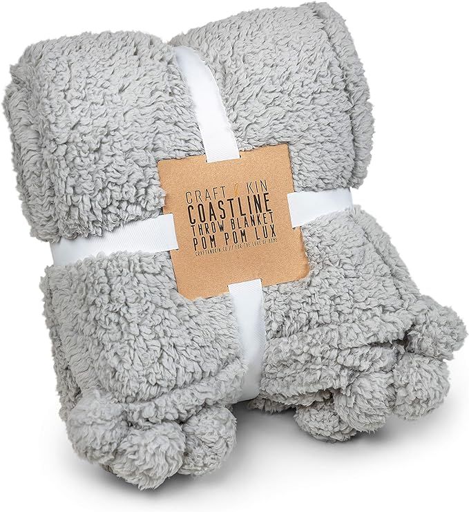 Premium Pom Pom Throw Blanket - Grey Throw Blanket, Plush Blanket, Soft Throw Blanket, Super Soft... | Amazon (US)