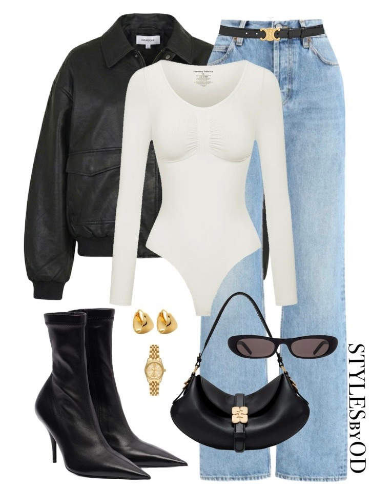 The Ultimate Cool Girl Uniform🖤🏙️
This outfit formula is the go-to for city days or casual dinner dates. The oversized leather bomber balances perfectly with the fitted bodysuit and wide-leg denim. And you can never go wrong with pointed black ankle boots✨

#casualoutfit #dailyoutfit #ootd

#LTKSeasonal #LTKWorkwear #LTKSaleAlert
