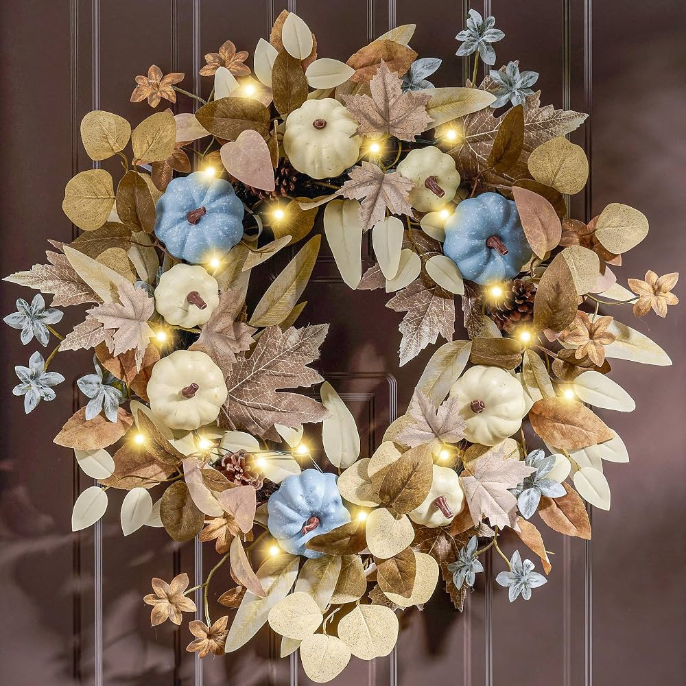 Valery Madelyn 22"-24" Collapsible Fall Pumkin Wreath for Front Door, Halloween Harvest Autumn Wr... | Amazon (US)