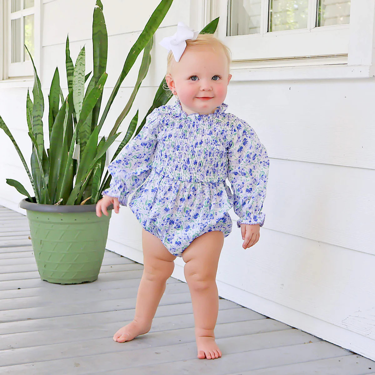 Blue Floral Smocked Long Sleeve Bubble | Classic Whimsy
